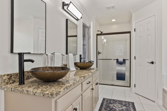 413 Rambling Rose, Moore, SC 29369 - full bathroom with a shower stall, double vanity, tile patterned flooring, and crown molding