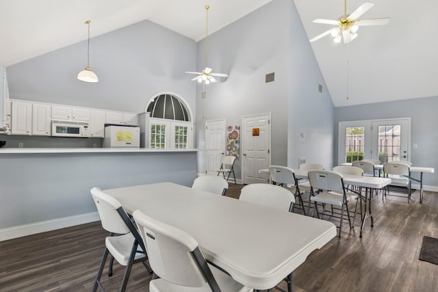413 Rambling Rose, Moore, SC 29369 - dining room with a ceiling fan, high vaulted ceiling, dark wood-type flooring, and baseboards