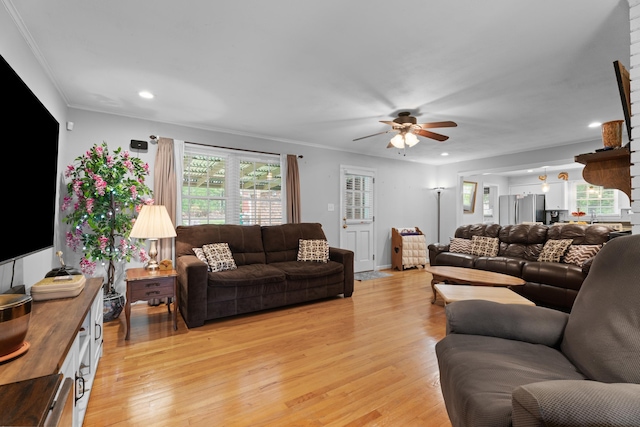 302 Peach Vly, Spartanburg, SC 29303 - living area with light wood-style floors, plenty of natural light, a ceiling fan, recessed lighting, and crown molding