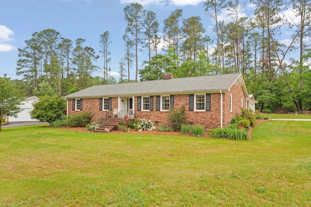 302 Peach Vly, Spartanburg, SC 29303 - ranch-style house featuring brick siding, a front yard, a chimney, and a garage