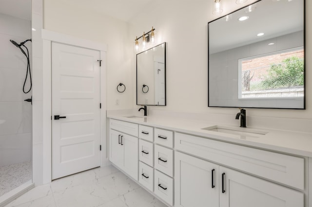 123 Stribling, Spartanburg, SC 29301 - bathroom with marble finish flooring, a tile shower, double vanity, and recessed lighting