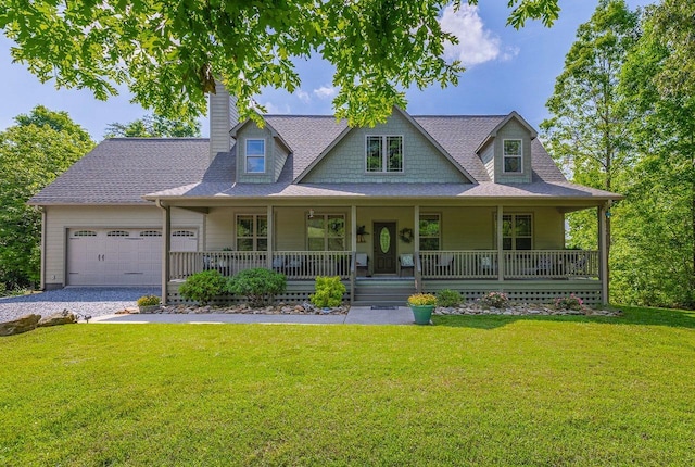 view of front of property featuring covered porch, a garage, gravel driveway, a front yard, and a chimney
