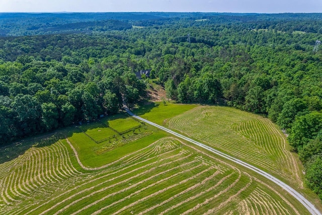 aerial view of sparsely populated area featuring a heavily wooded area