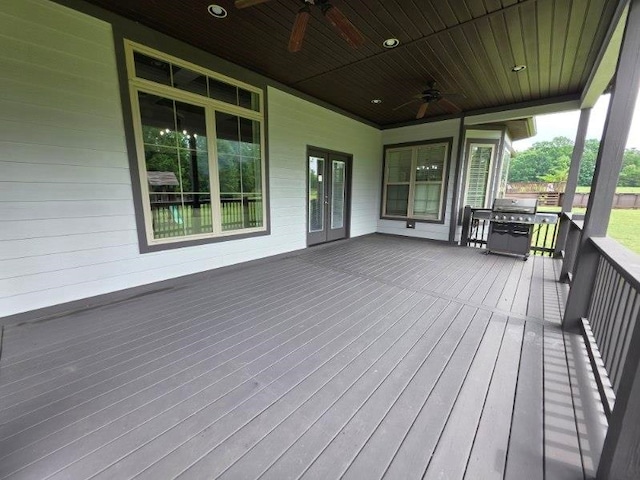 473 Meadow Rd, Inman, SC 29349 - wooden terrace featuring ceiling fan, grilling area, and french doors