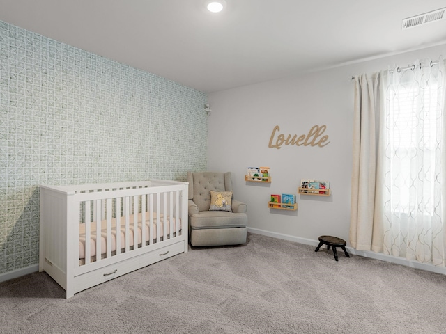 7007 Manse, Boiling Springs, SC 29316 - carpeted bedroom with baseboards, a crib, and wallpapered walls