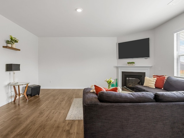 7007 Manse, Boiling Springs, SC 29316 - living room with wood finished floors, a glass covered fireplace, baseboards, and recessed lighting