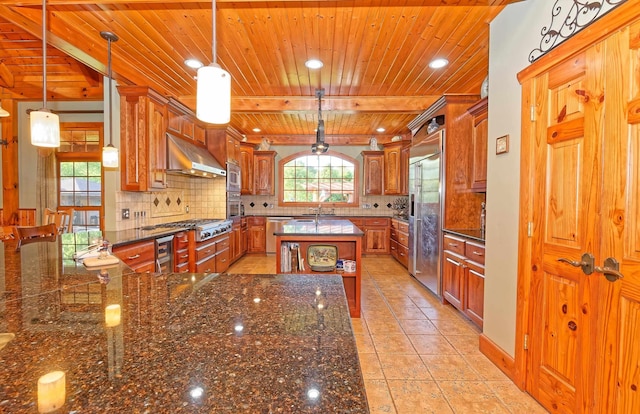 kitchen with under cabinet range hood, wood ceiling, built in appliances, tasteful backsplash, and recessed lighting