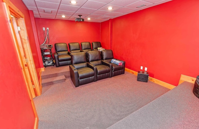 home theater with carpet, recessed lighting, baseboards, and a drop ceiling