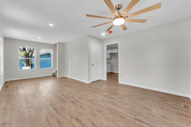 unfurnished room featuring light wood-type flooring, baseboards, recessed lighting, and ceiling fan