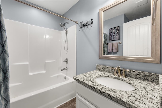 1101 Rosabella, Greer, SC 29651 - bathroom featuring wood finished floors, vanity, and shower / bathtub combination with curtain