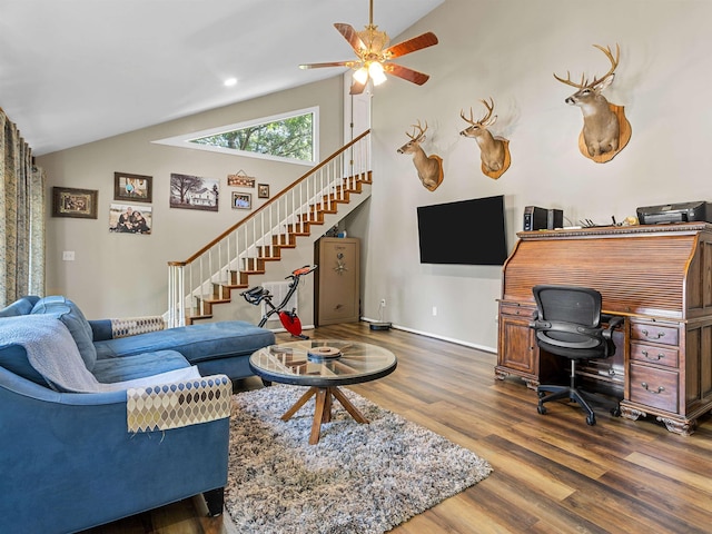 112 Scruggs, Gaffney, SC 29341 - living area with vaulted ceiling, wood finished floors, stairs, ceiling fan, and a desk