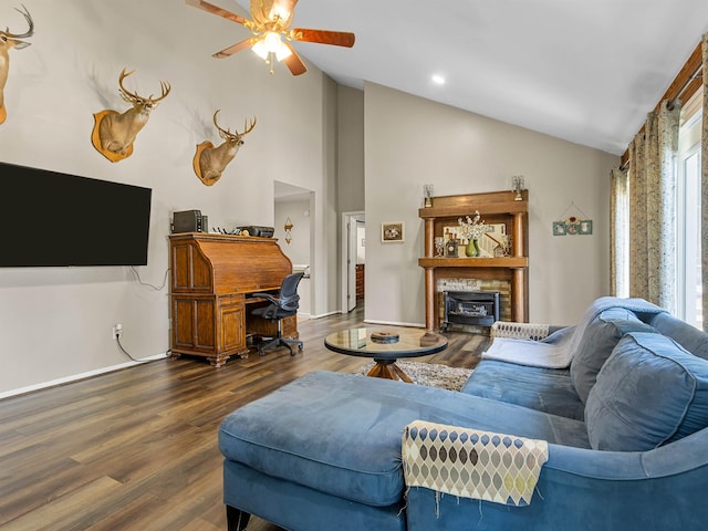 112 Scruggs, Gaffney, SC 29341 - living room with a glass covered fireplace, a ceiling fan, dark wood-style floors, and high vaulted ceiling