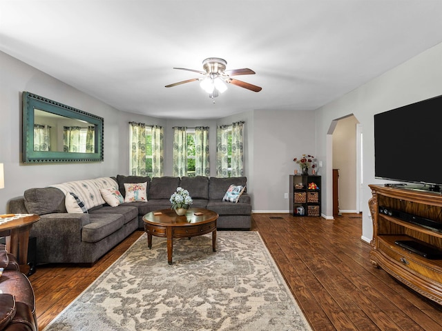 112 Scruggs, Gaffney, SC 29341 - living room with ceiling fan, arched walkways, dark wood-type flooring, and baseboards