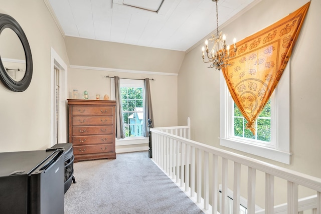114 Martin, Laurens, SC 29360 - bedroom featuring carpet floors, a chandelier, ornamental molding, and lofted ceiling