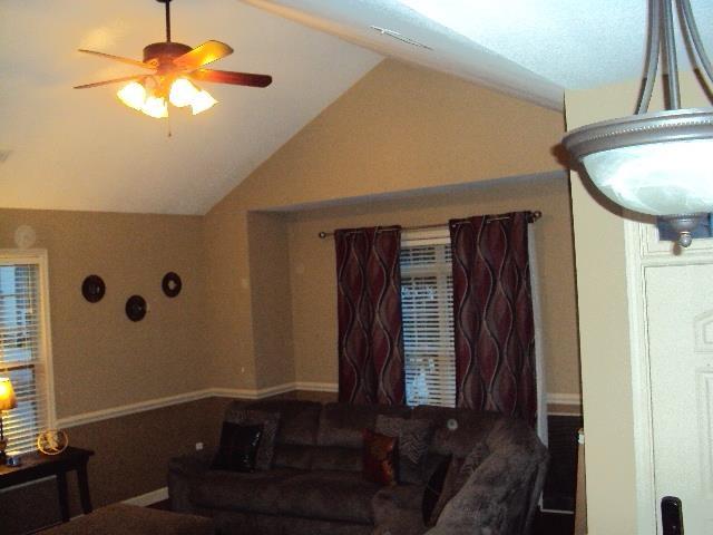 108 Dewfield, Boiling Springs, SC 29316 - living room with lofted ceiling and ceiling fan