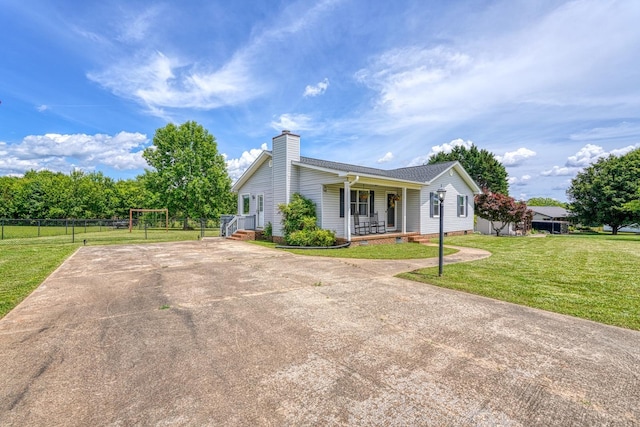 213 Mystic, Chesnee, SC 29323 - ranch-style house featuring covered porch, a chimney, and driveway