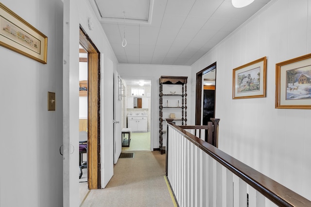 1 Robinsview, Spartanburg, SC 29301 - corridor featuring attic access, an upstairs landing, light carpet, and ornamental molding