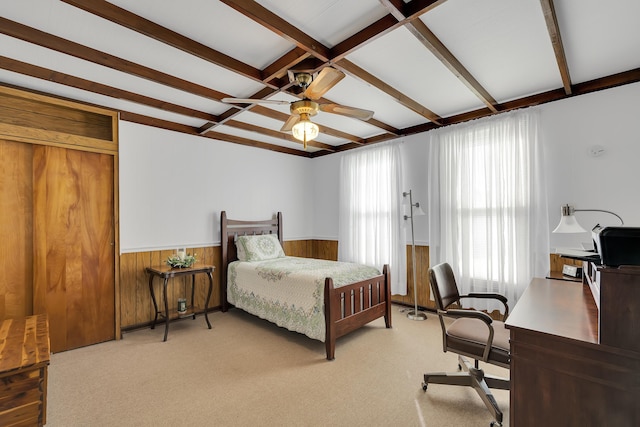 1 Robinsview, Spartanburg, SC 29301 - bedroom with wainscoting, an office area, beamed ceiling, light colored carpet, and wooden walls