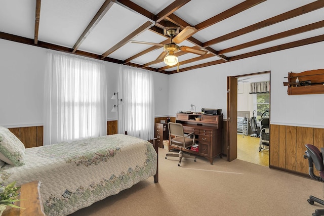 1 Robinsview, Spartanburg, SC 29301 - carpeted bedroom featuring an office area, wainscoting, beamed ceiling, wooden walls, and a ceiling fan
