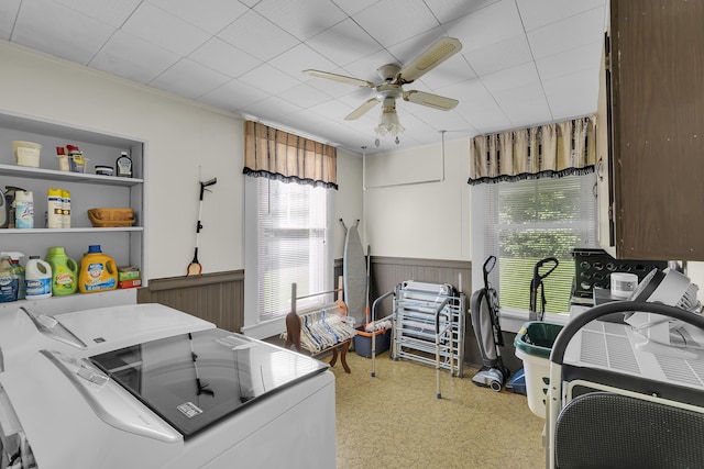 1 Robinsview, Spartanburg, SC 29301 - laundry area featuring a ceiling fan, wainscoting, and washer and dryer