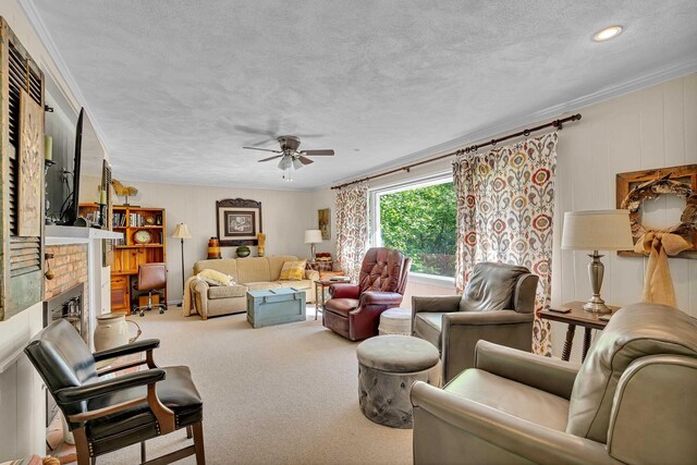 7 Hearthstone, Landrum, SC 29356 - living room featuring ornamental molding, carpet flooring, a ceiling fan, a textured ceiling, and a brick fireplace