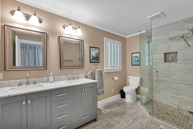 7 Hearthstone, Landrum, SC 29356 - bathroom featuring baseboards, toilet, a shower stall, ornamental molding, and marble look tiles