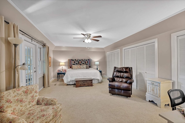 7 Hearthstone, Landrum, SC 29356 - carpeted bedroom with two closets, a ceiling fan, and baseboards