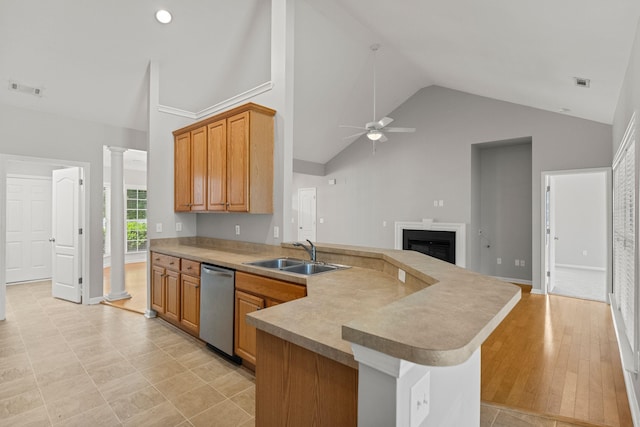 616 W Farrell, Woodruff, SC 29388 - kitchen featuring a sink, dishwasher, a peninsula, ceiling fan, and high vaulted ceiling