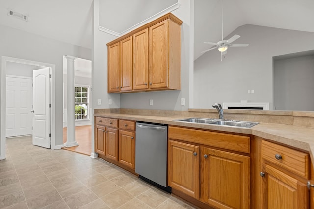 616 W Farrell, Woodruff, SC 29388 - kitchen featuring a sink, vaulted ceiling, stainless steel dishwasher, ceiling fan, and light countertops