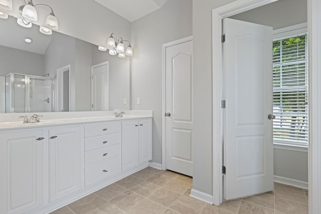 616 W Farrell, Woodruff, SC 29388 - full bathroom featuring baseboards, a stall shower, double vanity, and tile patterned flooring
