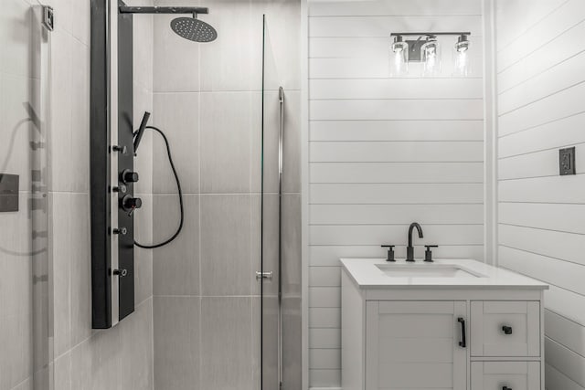 215 Blalock Rd, Boiling Springs, SC 29316 - bathroom with a shower stall, vanity, and wooden walls