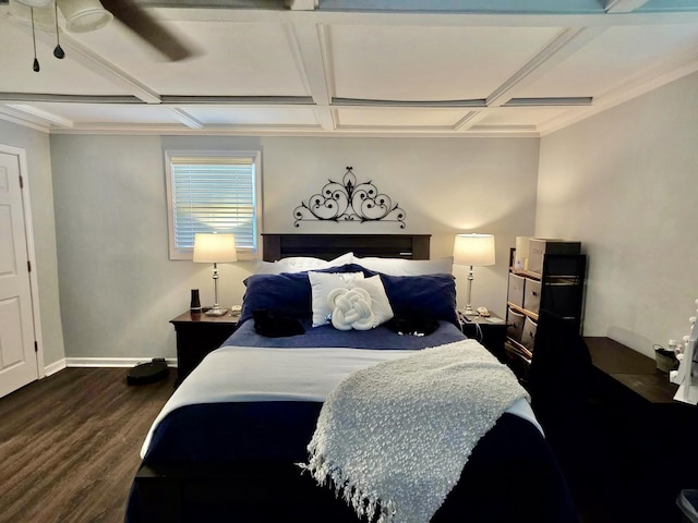 719 Magness Dr, Spartanburg, SC 29303 - bedroom with coffered ceiling, dark wood-style flooring, baseboards, ornamental molding, and beam ceiling