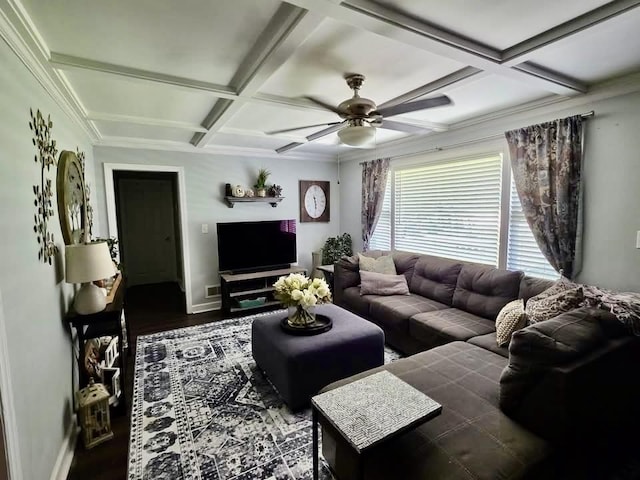 719 Magness Dr, Spartanburg, SC 29303 - living room with coffered ceiling, ceiling fan, baseboards, beamed ceiling, and wood finished floors