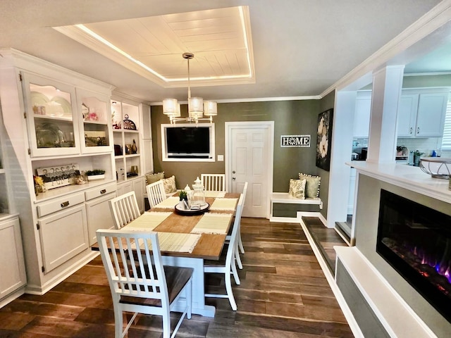 719 Magness Dr, Spartanburg, SC 29303 - dining room featuring a tray ceiling, dark wood-style floors, crown molding, radiator heating unit, and a chandelier