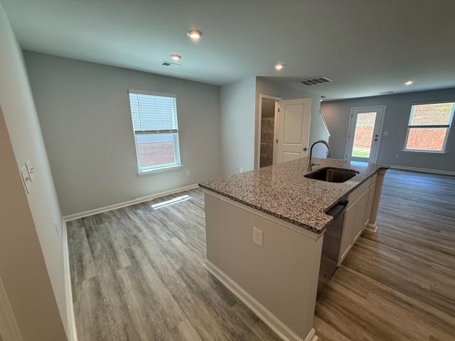 1214 Forestbrook, Spartanburg, SC 29303 - kitchen featuring a sink, open floor plan, wood finished floors, light stone counters, and recessed lighting