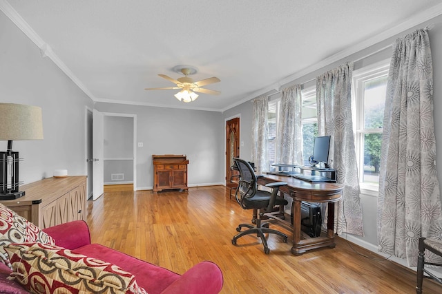 469 Royal Oak, Spartanburg, SC 29302 - office area featuring light wood-type flooring, ceiling fan, crown molding, and baseboards