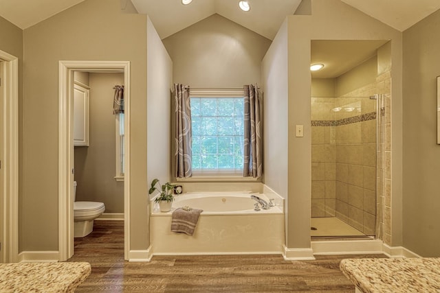 201 Woodridge, Spartanburg, SC 29301 - full bath with wood finished floors, a bath, a stall shower, vaulted ceiling, and toilet