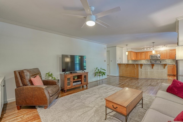 201 Woodridge, Spartanburg, SC 29301 - living room featuring crown molding, light wood-type flooring, a ceiling fan, and baseboards