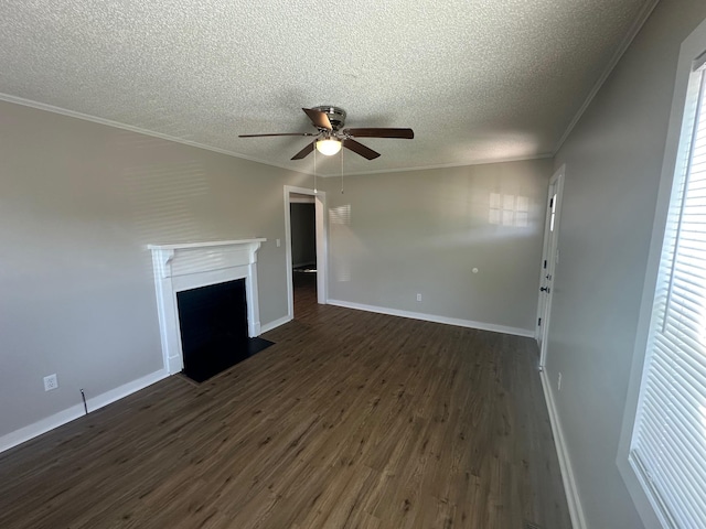121 Pacolet, Gaffney, SC 29340 - unfurnished living room with a ceiling fan, a textured ceiling, dark wood-style flooring, ornamental molding, and a fireplace with flush hearth