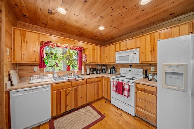 775 Buck Crk, Chesnee, SC 29323 - kitchen with white appliances, a sink, light countertops, wood ceiling, and light wood-style flooring