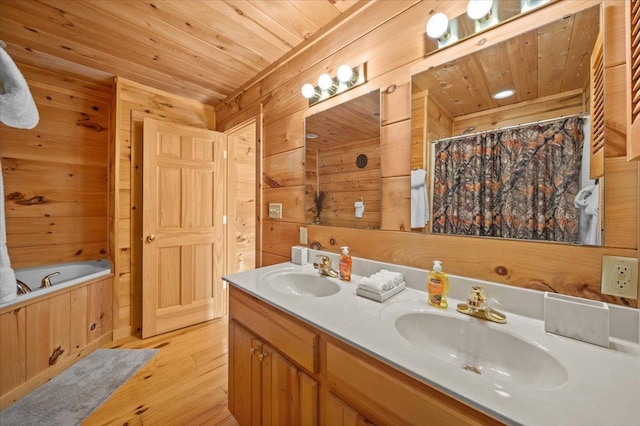 775 Buck Crk, Chesnee, SC 29323 - bathroom featuring wood walls, wooden ceiling, double vanity, wood-type flooring, and a tub