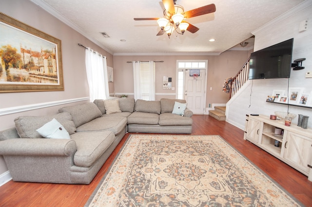 770 Grace Vly, Inman, SC 29349 - living room with stairway, wood finished floors, a ceiling fan, crown molding, and baseboards