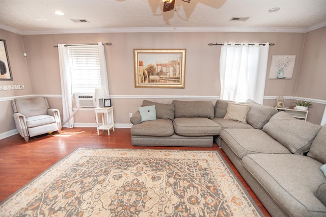 770 Grace Vly, Inman, SC 29349 - living room with wood finished floors, a ceiling fan, baseboards, crown molding, and cooling unit