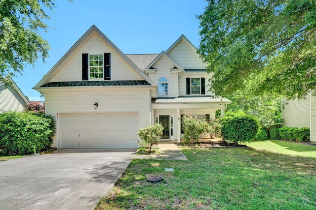 905 Morning Mist, Simpsonville, SC 29680 - view of front of home with a front lawn, concrete driveway, covered porch, an attached garage, and roof with shingles