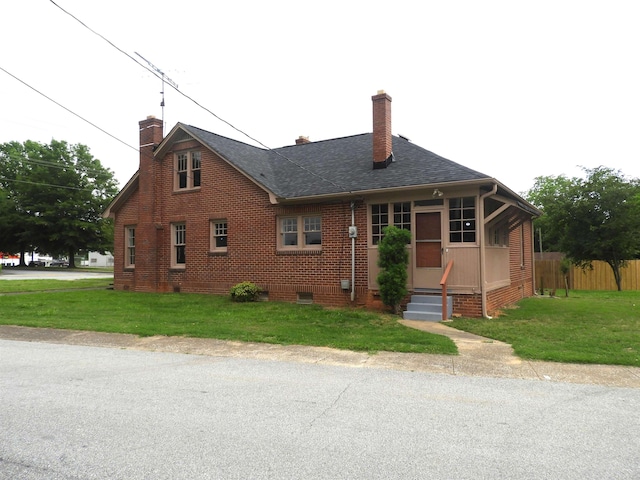 823 W Smith St, Gaffney, SC 29341 - view of front of home with a chimney, brick siding, entry steps, a shingled roof, and crawl space