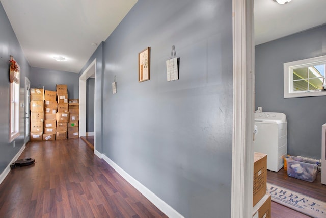 1050 W Blackstock, Spartanburg, SC 29301 - corridor with washer / dryer, dark wood-style floors, and baseboards