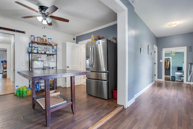 1050 W Blackstock, Spartanburg, SC 29301 - kitchen with stainless steel fridge, a ceiling fan, dark wood-type flooring, baseboards, and a textured ceiling