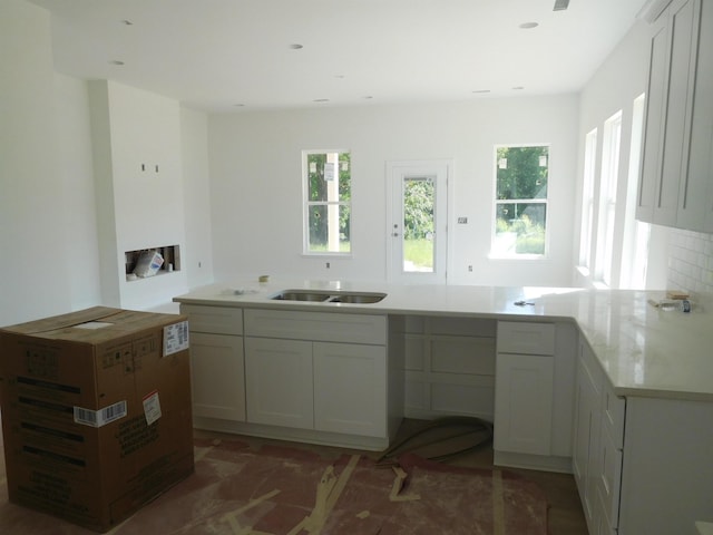 258 Candlewood Ln, Gaffney, SC 29341 - kitchen featuring a sink, light countertops, a peninsula, and white cabinets