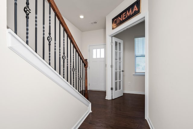 912 Brynderwen, Lyman, SC 29365 - entrance foyer with dark wood finished floors, stairway, baseboards, and recessed lighting