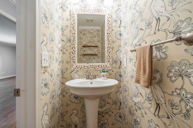 236 S Park, Spartanburg, SC 29302 - half bath featuring wallpapered walls, baseboards, and wood finished floors